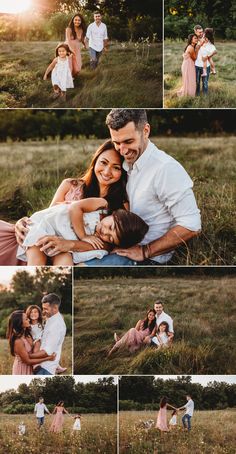 a collage of family photos taken in an open field