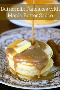 buttermik pancakes with maple butter sauce on a plate topped with bananas and caramel