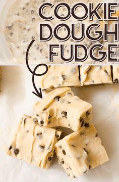 cookie dough fudges cut into squares and stacked on top of each other with text overlay