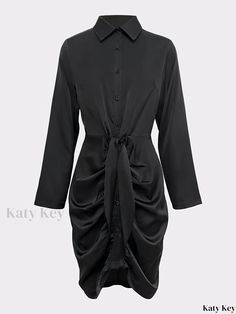 Katykey - Button Front Bodycon Dress with Ruched Detail, Sophisticated Womens Fashion Piece Fall Care, Bodycon Dress, Solid Color