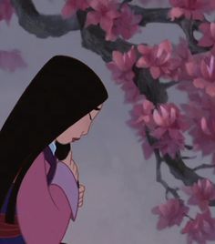 an animated image of a woman holding a cell phone in front of cherry blossom trees