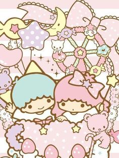 an image of some cartoon characters in pink and blue colors with stars, clouds, and hearts