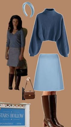 a woman in blue sweater and skirt with brown boots