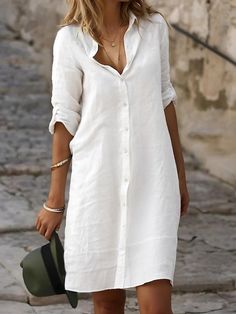 Linen Shift Dress, White Cotton Dress, Chiffon Floral, Cotton Linen Dresses, White Dresses For Women, Summer Chic, Dress Shirts For Women, White Shirt Dress, Evening Attire