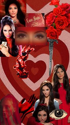 a collage of women with red makeup and roses