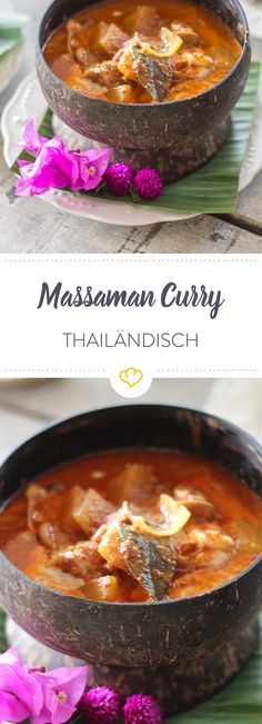 two pictures showing different types of food on plates and in bowls, with the title massaann curry thai dish