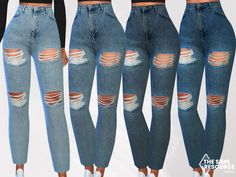 three different views of the same woman's jeans with ripped knees and high waist