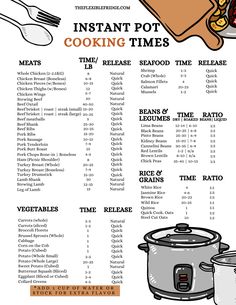 a menu for instant pot cooking times