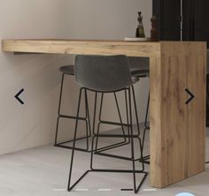 the bar stools are next to the counter in the kitchen, which is made from wood and metal