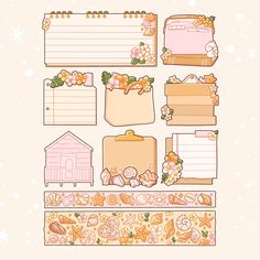 a variety of papers with flowers and other things on them, all lined up in the same row