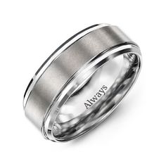 an 18k white gold wedding band with satin inlay and beveled edges