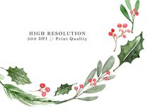 a watercolor christmas wreath with holly leaves and red berries