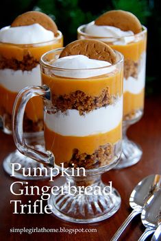 pumpkin gingerbread trifle in glass mugs with spoon