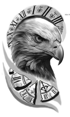 an eagle with roman numerals on it's face is shown in black and white