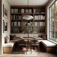 a room with bookshelves filled with lots of books and a table surrounded by benches