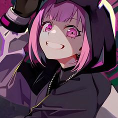 an anime character with pink hair and purple eyes wearing a black hoodie looking at the camera