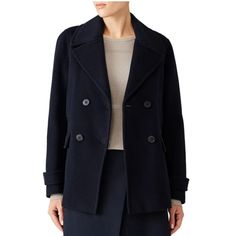 Blue Twill (95% Wool, 5% Cashmere). Long Sleeves. Double Breasted Coat. Exposed Front Button Closures. 28" From Shoulder To Hemline. Great Preowned Condition Box7 Navy Outerwear With Double Button Closure For Fall, Navy Double Button Closure Outerwear For Fall, Navy Double Button Outerwear For Fall, Navy Double-breasted Long Sleeve Outerwear, Navy Outerwear With Double Button Closure For Office, Chic Navy Outerwear With Button Closure, Wool Peacoat For Office, Blue Wool Double-breasted Outerwear, Tailored Navy Outerwear With Double-breasted Button