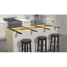 three stools sit at the center of a kitchen island with four barstools