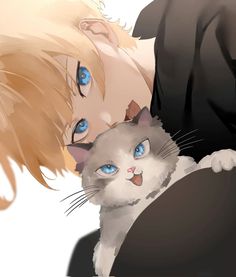 an anime character hugging a cat with blue eyes