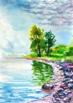 a watercolor painting of trees and rocks on the edge of a body of water