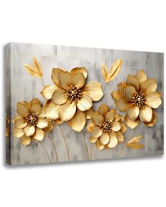 an abstract painting with gold flowers on a white background canvas wall art print, ready to hang in your home or office