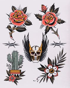 an image of tattoos with flowers and skulls on them, including roses in the middle