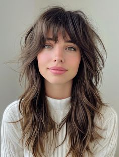 Choppy Long Bob Hairstyles With Bangs, Medium Length Shag Haircuts With Bangs Curly, Curtain Shag Bangs, Shag Hair Medium Length, 70s Fringe Bangs Long Hair, Long Layered Shag Haircut Curtain Bangs, Medium Length Haircut With Layers And Curtain Bangs Thick Hair, Shag Hair Curtain Bangs, Modern Shag Curtain Bangs