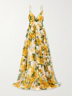 Dolce&Gabbana's maxi dress evokes the same joy as strolling through a rose garden. It's cut from silk-chiffon printed with blooming yellow flowers and defined through the waist before falling to a softly pleated skirt that moves beautifully. Draw focus to the V-neckline with a dainty necklace. Feminine Chic, Silk Dress Long, Dolce Gabbana Dress, Silk Maxi, Chiffon Gown, Chiffon Maxi, Dolce E Gabbana, Silk Maxi Dress, Chiffon Maxi Dress