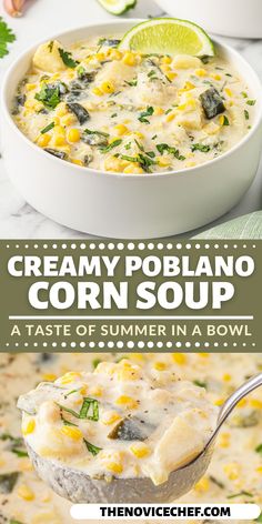 creamy potato corn soup in a white bowl with a spoon and lime on the side