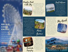 a brochure with images of people, mountains and ferris wheel in the background