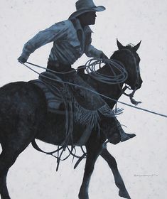 a drawing of a man riding on the back of a black horse in the snow