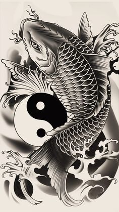 a black and white drawing of a koi fish with a yin - yang symbol on it