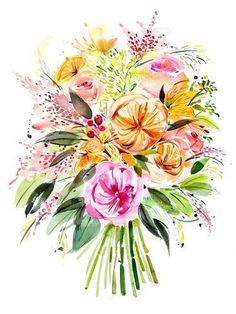 a bouquet of flowers is shown in this watercolor painting