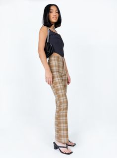 Pants   100% polyester  Length of size US 4 / AU 8 waist to hem: 107cm / 42.1in    Elle is wearing a size US 4 / AU 8    Plaid print   Zip & button fastening   Belt looped waist   Faux back pocket   Straight leg  Non-stretch Brown Plaid Wide Leg Pants Outfit, Brown And Black Plaid Pants, Tan Plaid Pants, Brown High-waisted Pants With Belt Loops, Hygge Fashion, Vintage Brown Plaid Pants, Fleece Dress, Outerwear Outfit, Loungewear Sets