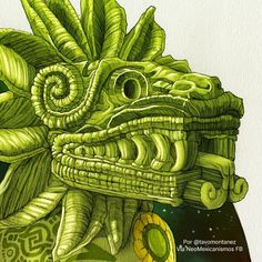 a drawing of a green creature with large eyes and an elaborate headpiece on it's face