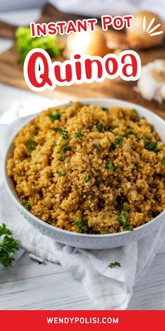 quinoa in a white bowl with the words instant pot quinoa on top