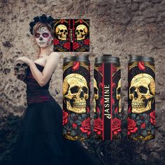 a woman in a black dress and skull makeup is holding a bottle with red roses on it