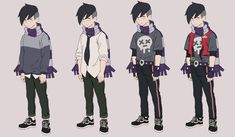 three different poses of an anime character wearing black and grey clothing, one with purple scarf