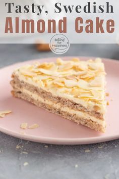 a close up of a piece of cake on a plate with the words tasty, swedish almond cake