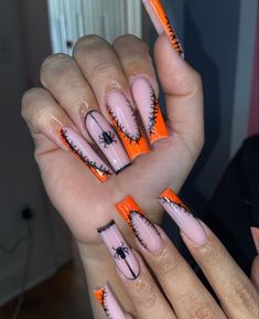 Hallo Ween Nails, Long Square Acrylic Nails Halloween, French Tip Holloween Nails, Dope Halloween Nails, Bright Color Nail Ideas, Halloween Nail Designs Stiletto, Long Halloween Acrylic Nails, Holloween Nails Acrylic, Halloween Nails Stiletto