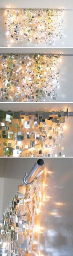 three different views of a wall with lights and mirrors on the walls, one is upside down