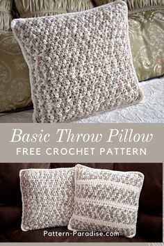 two crocheted pillows with text that reads basic throw pillow free crochet pattern