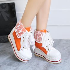 Customized Size of 40-43. is not eligible for return. Ship In 3-10 Days.Fabric Material: PuColor: Pink. Purple. White. Beige. Orange. RedPlatform: 7cm/2.76" Platform Creepers, Lace Ankle Boots, Creepers Shoes, Red Platform, Lace Bows, Platform Ankle Boots, Lace Up Ankle Boots, Womens Wedges, Womens Ankle Boots