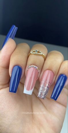 Birthday Nails Coffin Blue, Nails For Royal Blue Dress, Blue Gold Nails, Blue Acrylic Nails, Fancy Nails Designs, Dope Nail Designs, Glass Nails, Fire Nails