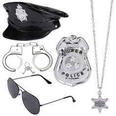 an assortment of police gear including sunglasses and hat