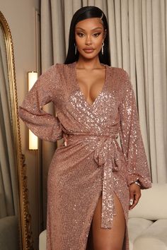 Gala Glam Sequin Maxi Dress - Rose Gold | Fashion Nova, Dresses | Fashion Nova Rose Gold Dress Outfit, Rose Gold Dress, Rose Gold Fashion, Maxi Dress Long, Dress Long Sleeves, Sequin Maxi Dress, Sequin Maxi, Long Sleeve Sequin, Birthday Dresses