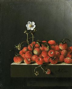 a painting of strawberries and flowers on a table with a flower in the middle