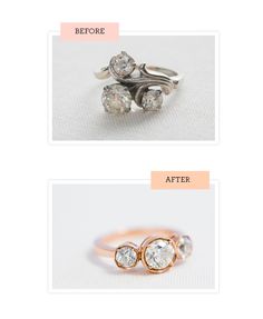 the before and after pictures of an engagement ring with three stones on each one side