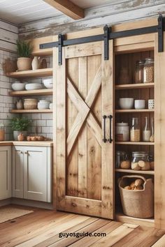 an open sliding barn door in a kitchen