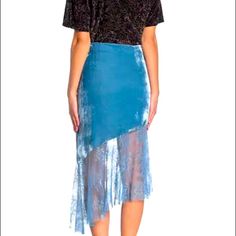 Blue Velvet New With Tags Skirt Women’s Size Details A Soft Velvet Skirt Features A Sheer Lace Hem For Effortlessly Chic, Feminine Style. Fit: This Style Runs Large; Order One Size Down. - Side Concealed Zip With Hook-And-Eye Closure - Velvet Construction - Sheer Asymmetrical Lace Hem - Lined - Approx. 27" Shortest Length, 32" Longest Length (Size 4) Fiber Content Shell: 75% Viscose, 25% Nylon Lining: 100% Polyester Lace: 100% Nylon Blue Fitted Asymmetrical Skirt, Blue Relaxed Skirt For Night Out, Blue Relaxed Fit Skirt For Night Out, Knee-length Blue Bottoms For Party, Blue Midi Skirt For Night Out, Chic Feminine Style, Gold Mini Skirt, Sparkle Shorts, Floral Wrap Skirt